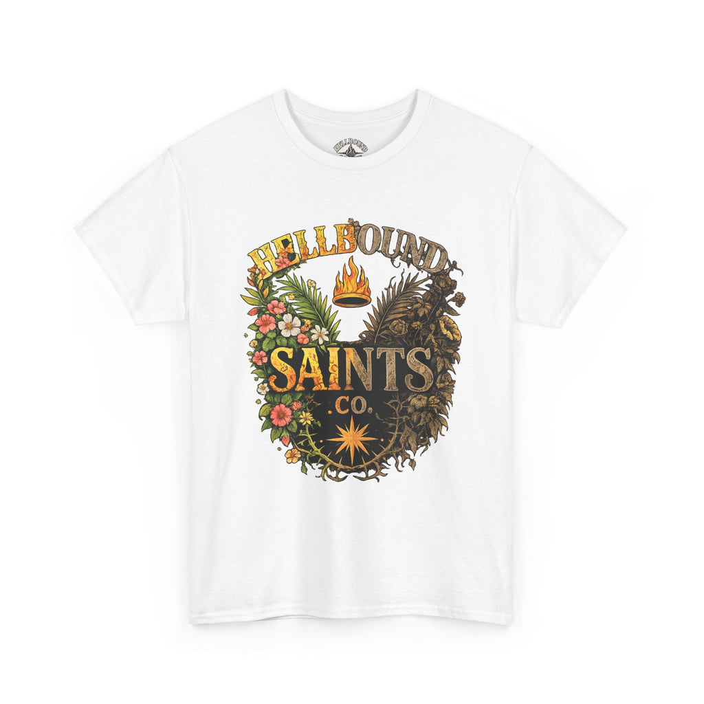 Saints Co. Hellbound Graphic Tee – Vintage Floral & Demon Crest T-Shirt