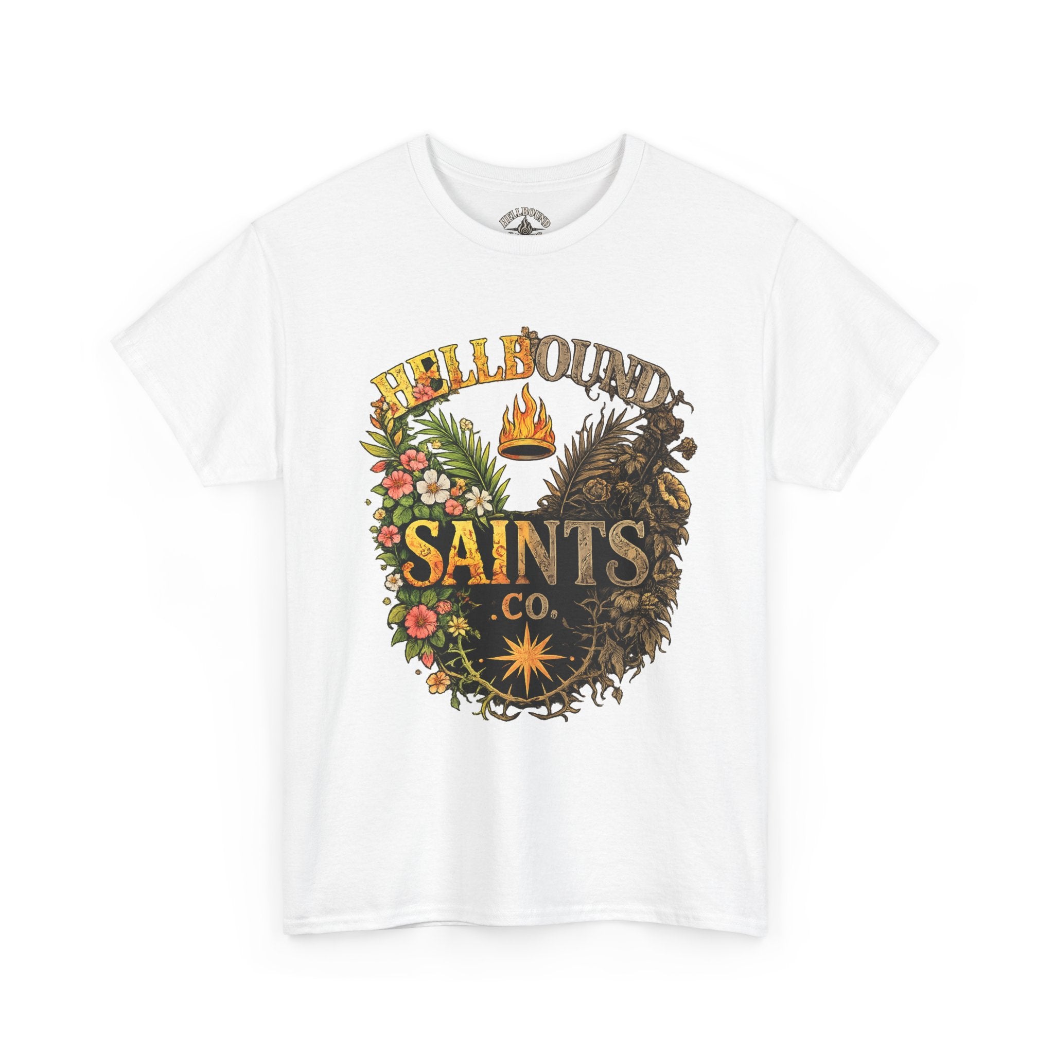 Saints Co. Hellbound Graphic Tee – Vintage Floral & Demon Crest T-Shirt