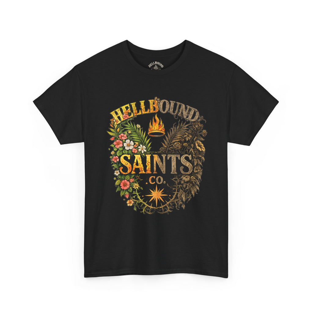 Saints Co. Hellbound Graphic Tee – Vintage Floral & Demon Crest T-Shirt