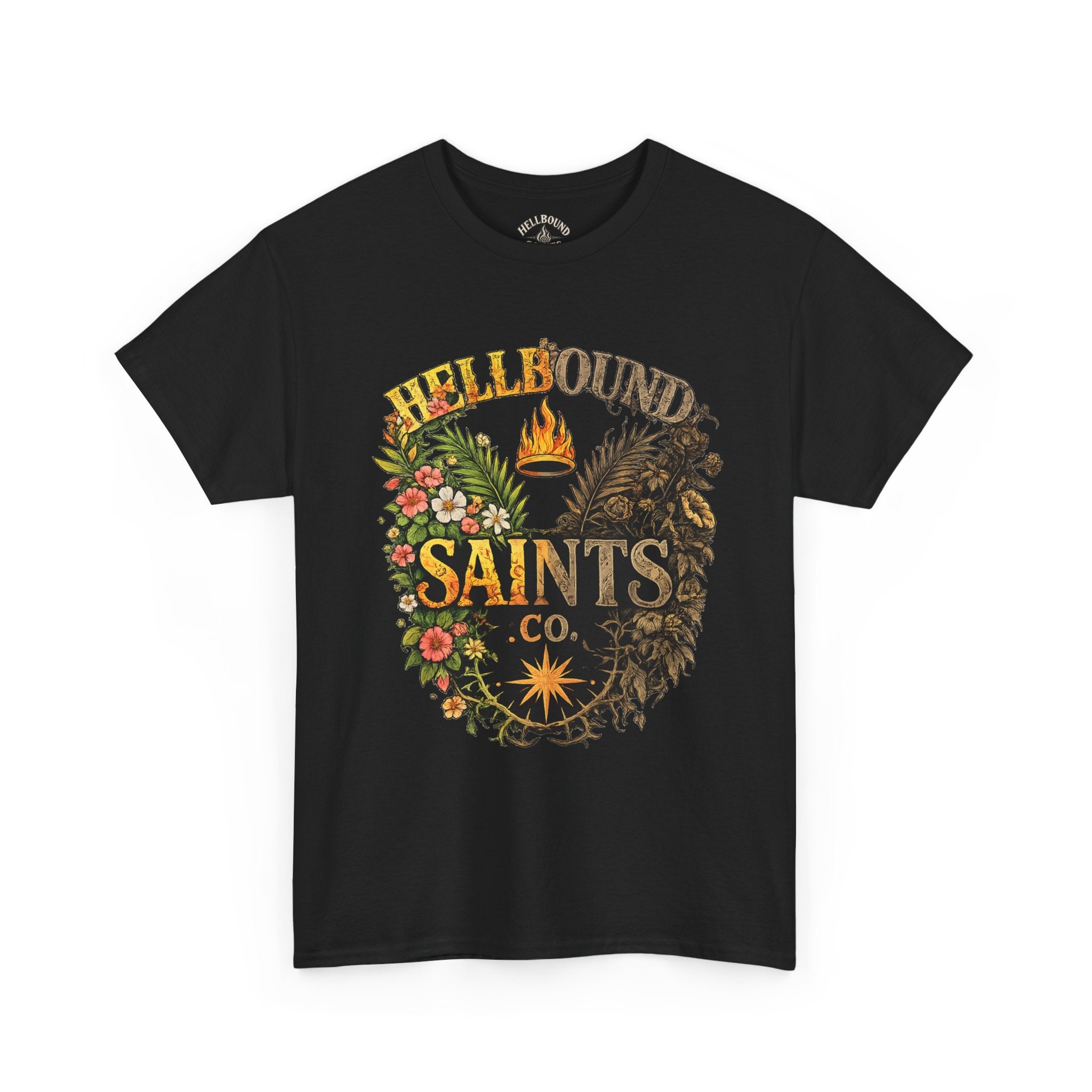 Saints Co. Hellbound Graphic Tee – Vintage Floral & Demon Crest T-Shirt