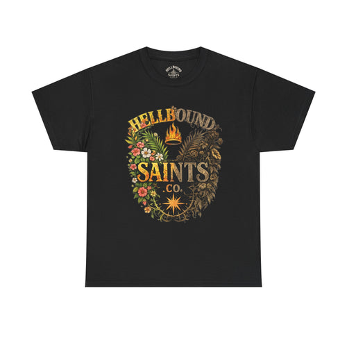 Saints Co. Hellbound Graphic Tee – Vintage Floral & Demon Crest T-Shirt